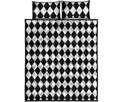 Black And White Harlequin Pattern Print Quilt Bed Set