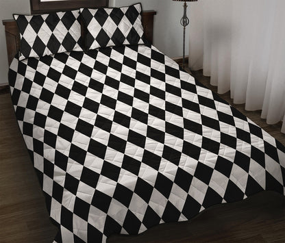 Black And White Harlequin Pattern Print Quilt Bed Set