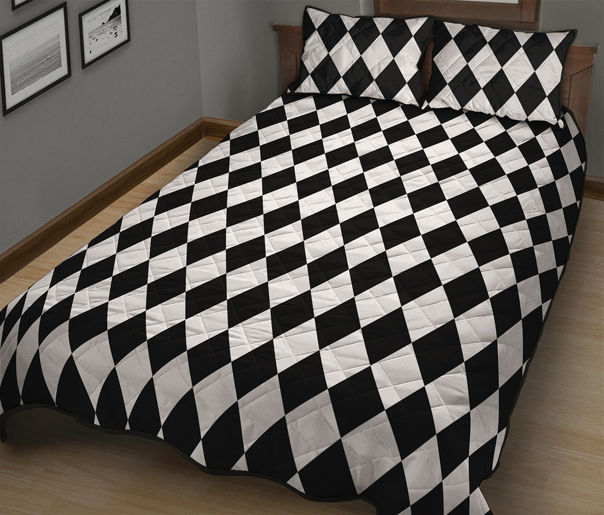 Black And White Harlequin Pattern Print Quilt Bed Set