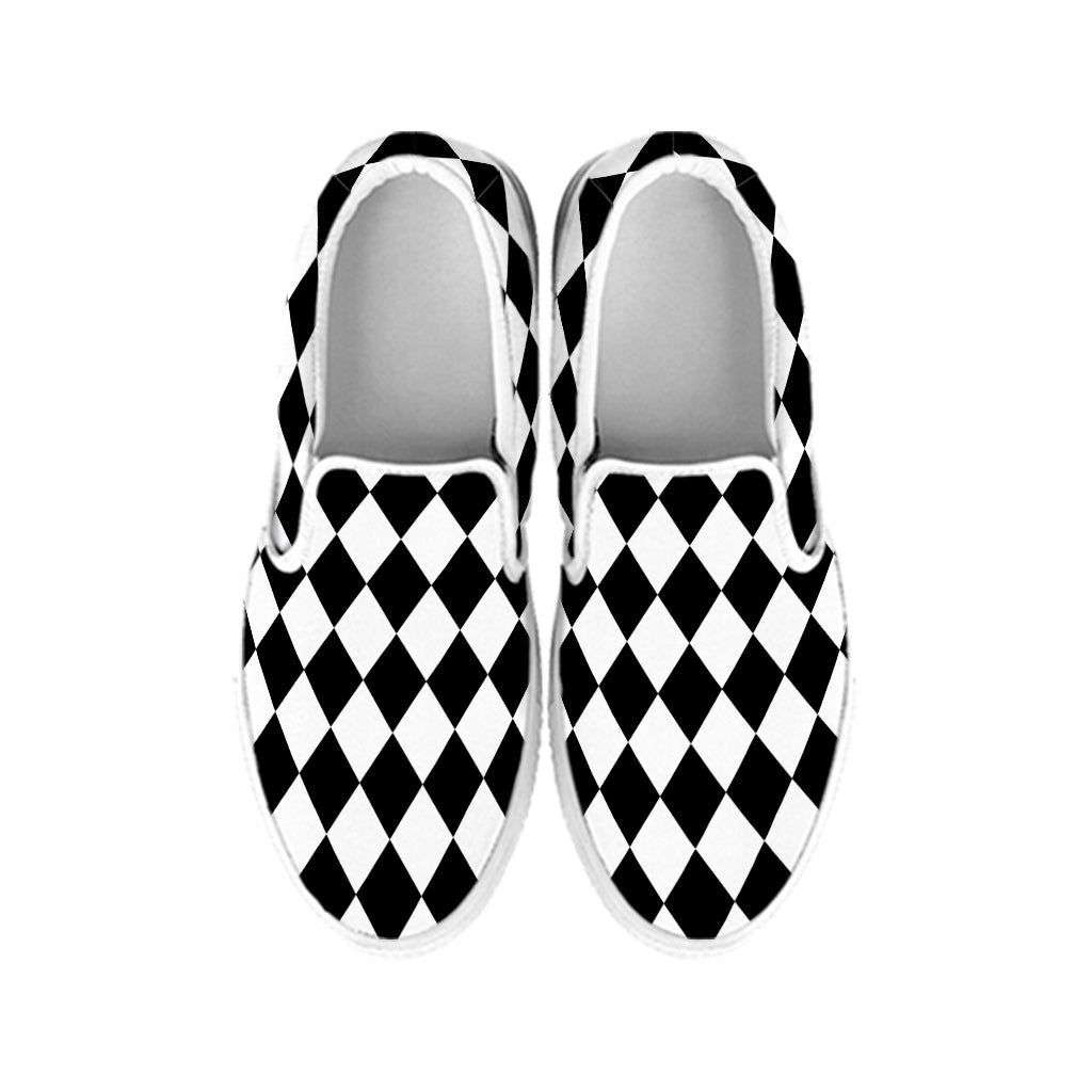 Black And White Harlequin Pattern Print White Slip On Shoes