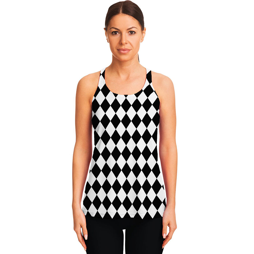 Black And White Harlequin Pattern Print Women's Racerback Tank Top