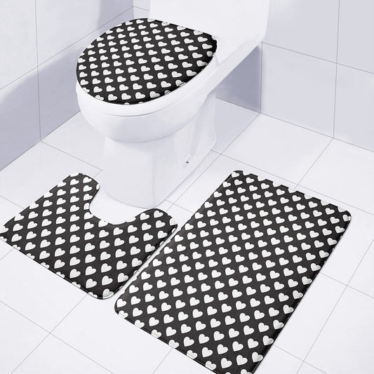 Black And White Heart Pattern Print 3 Piece Bath Mat Set