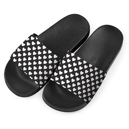 Black And White Heart Pattern Print Black Slide Sandals