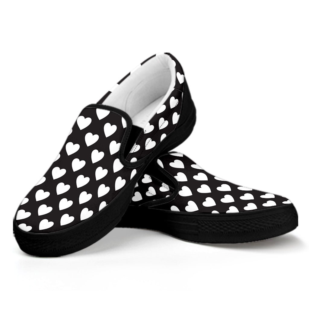 Black And White Heart Pattern Print Black Slip On Shoes