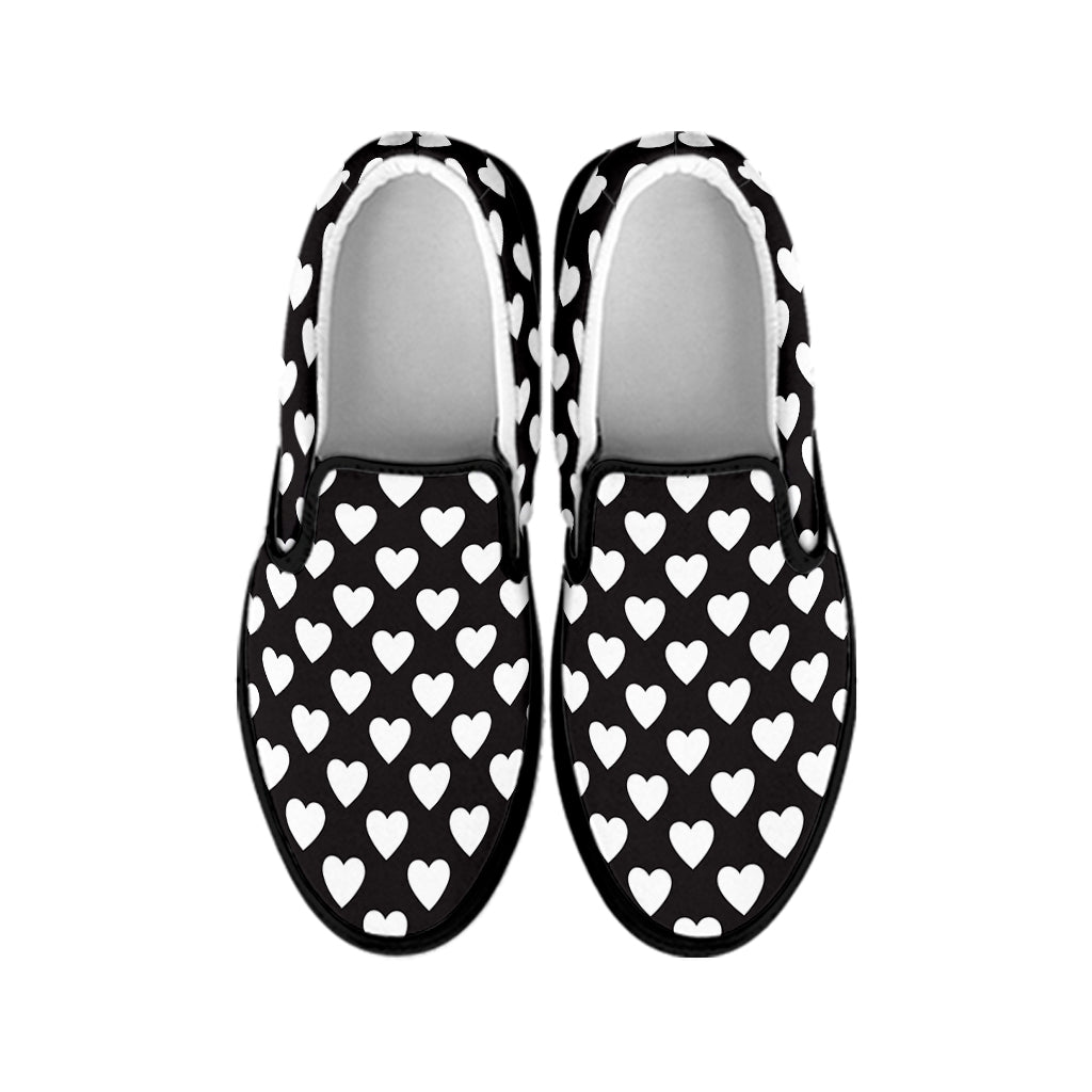 Black And White Heart Pattern Print Black Slip On Shoes