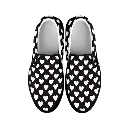 Black And White Heart Pattern Print Black Slip On Shoes