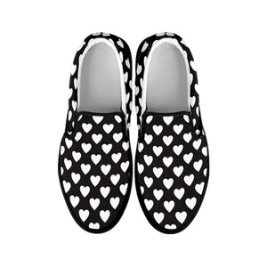 Black And White Heart Pattern Print Black Slip On Shoes