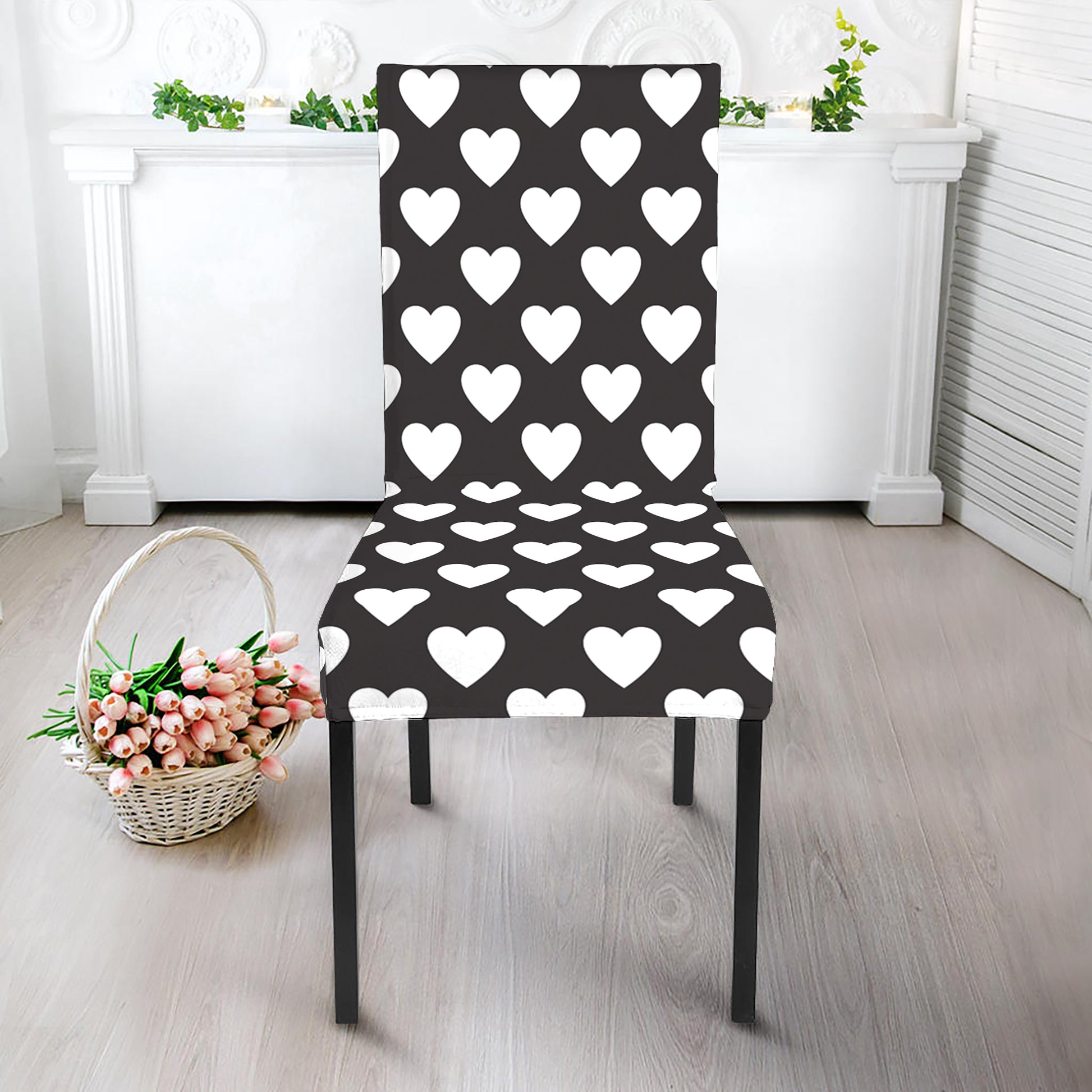 Black And White Heart Pattern Print Dining Chair Slipcover