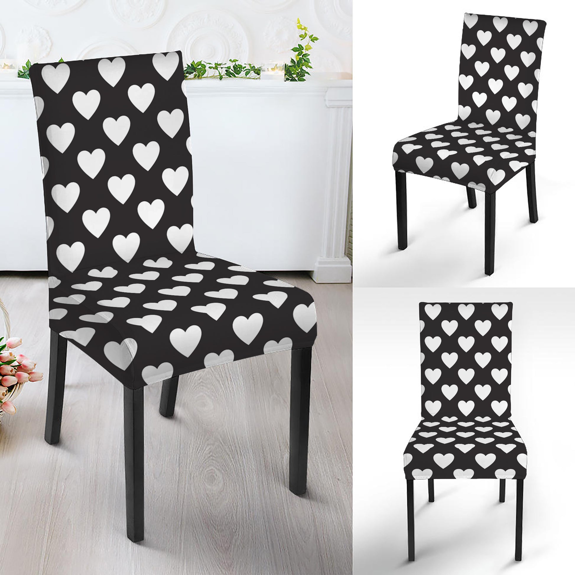 Black And White Heart Pattern Print Dining Chair Slipcover