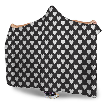 Black And White Heart Pattern Print Hooded Blanket