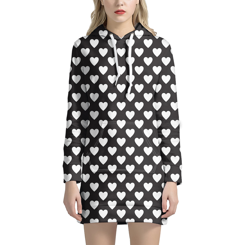 Black And White Heart Pattern Print Hoodie Dress