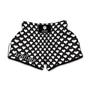 Black And White Heart Pattern Print Muay Thai Boxing Shorts