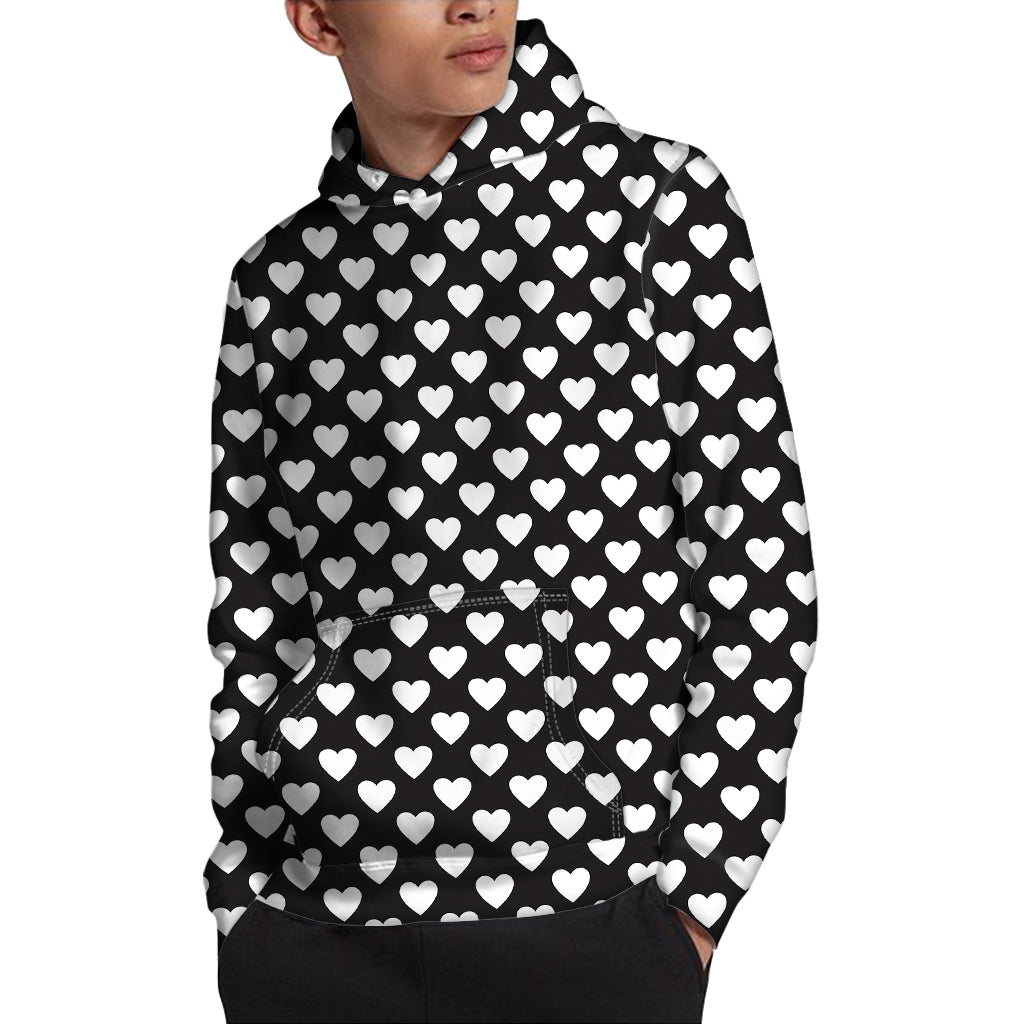 Black And White Heart Pattern Print Pullover Hoodie