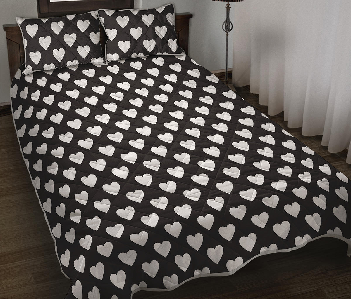 Black And White Heart Pattern Print Quilt Bed Set