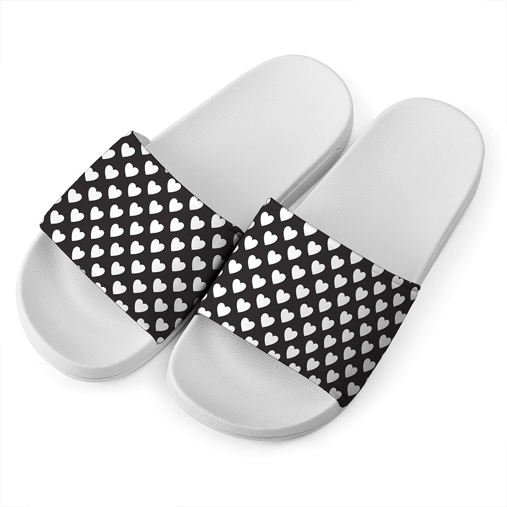 Black And White Heart Pattern Print White Slide Sandals