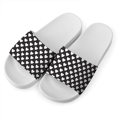 Black And White Heart Pattern Print White Slide Sandals