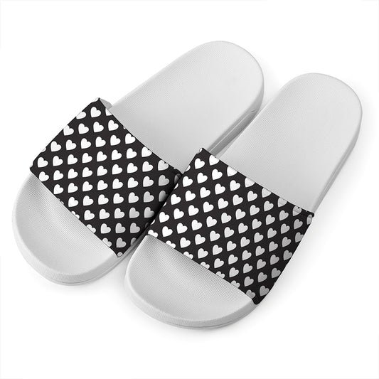 Black And White Heart Pattern Print White Slide Sandals