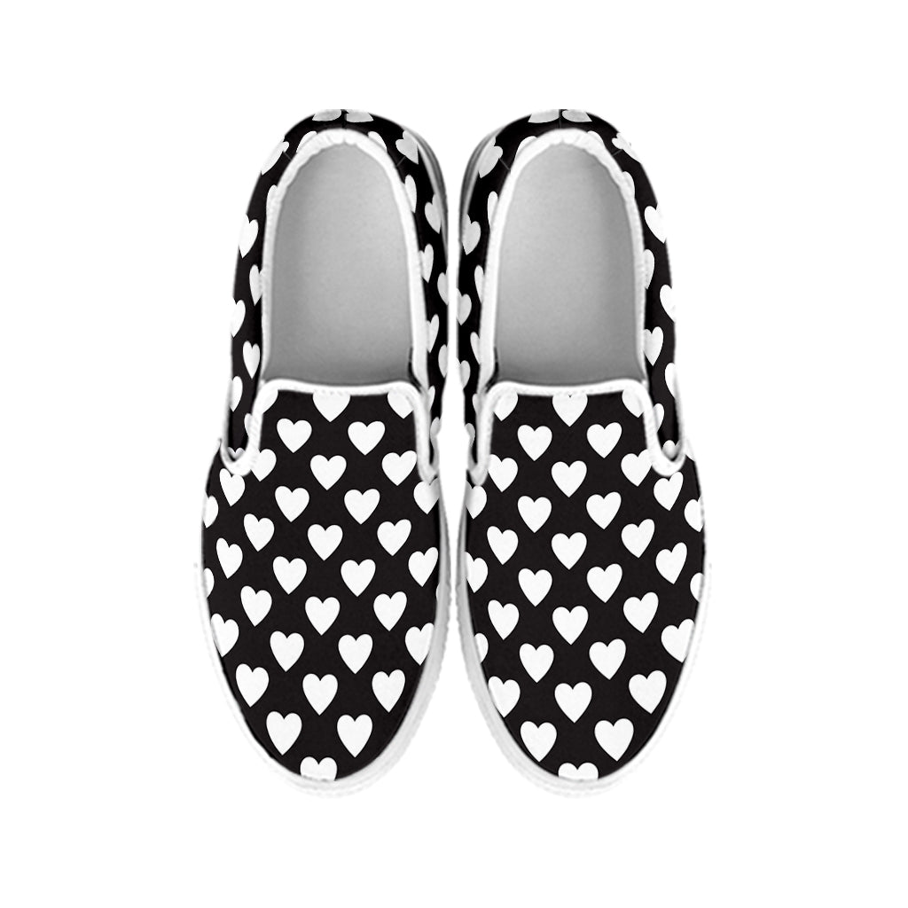 Black And White Heart Pattern Print White Slip On Shoes