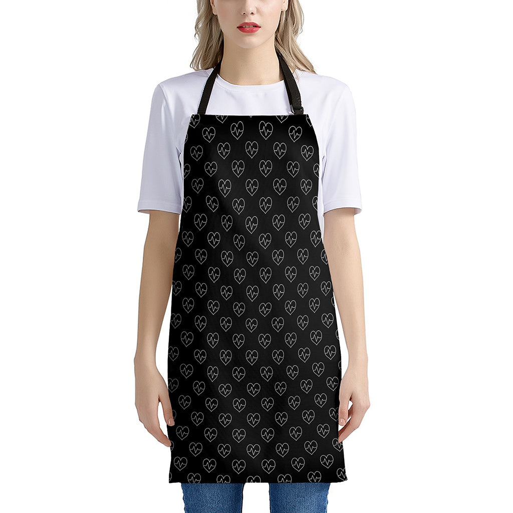 Black And White Heartbeat Pattern Print Apron