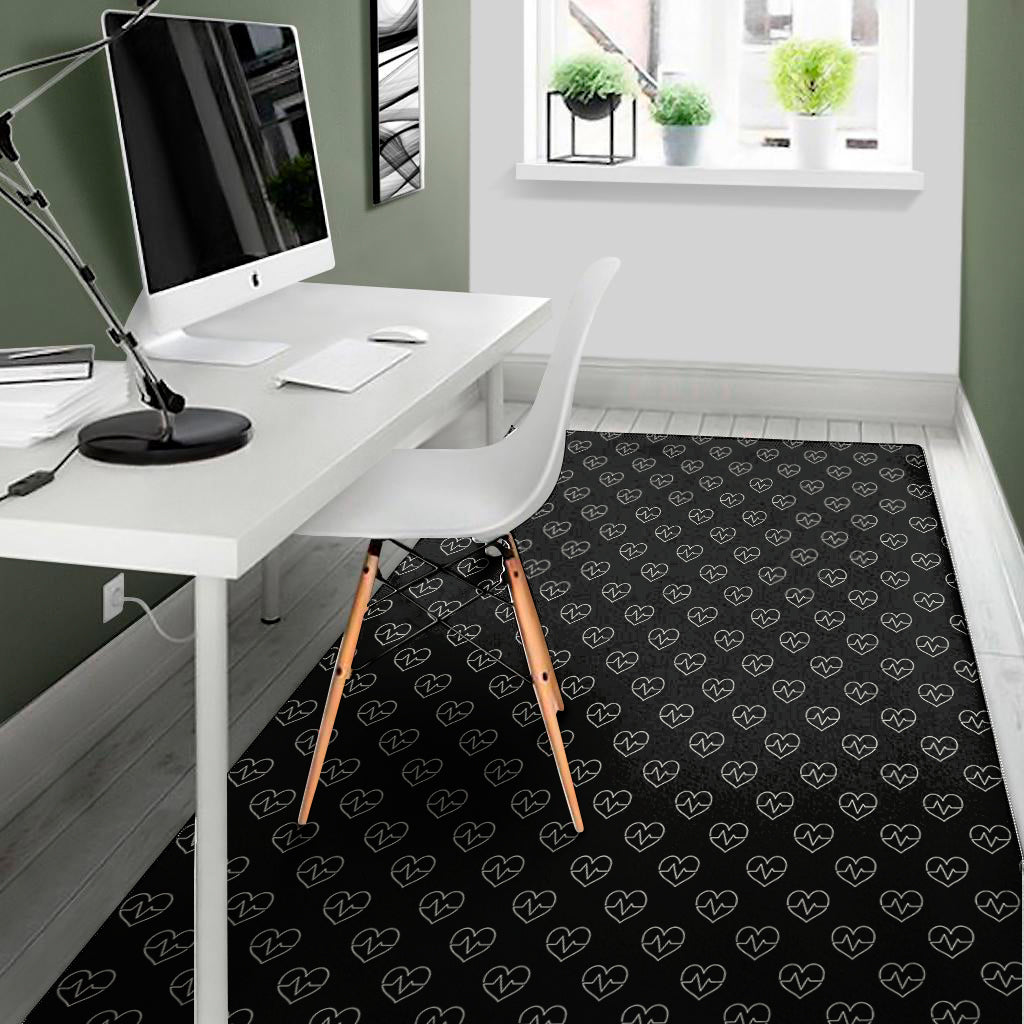 Black And White Heartbeat Pattern Print Area Rug