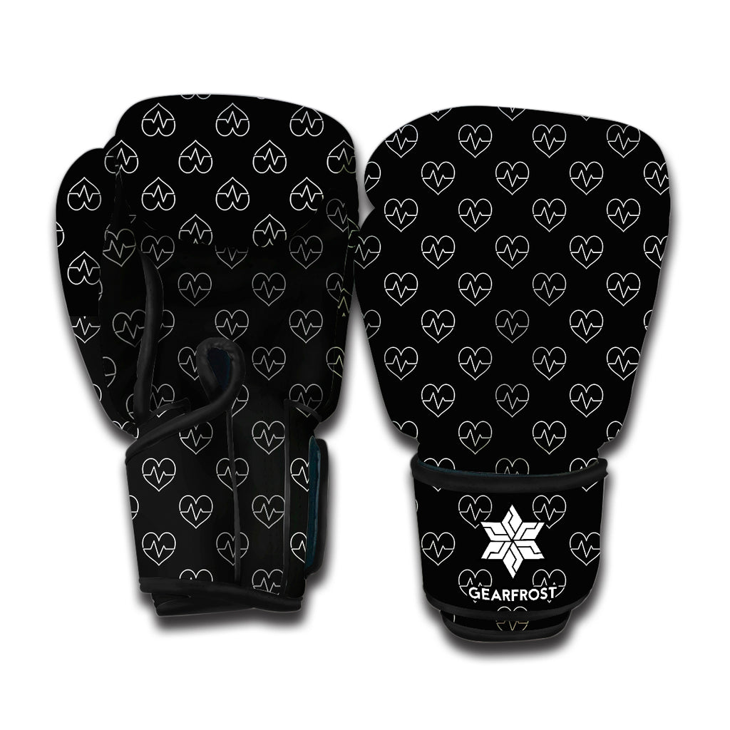Black And White Heartbeat Pattern Print Boxing Gloves