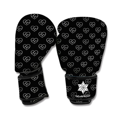 Black And White Heartbeat Pattern Print Boxing Gloves
