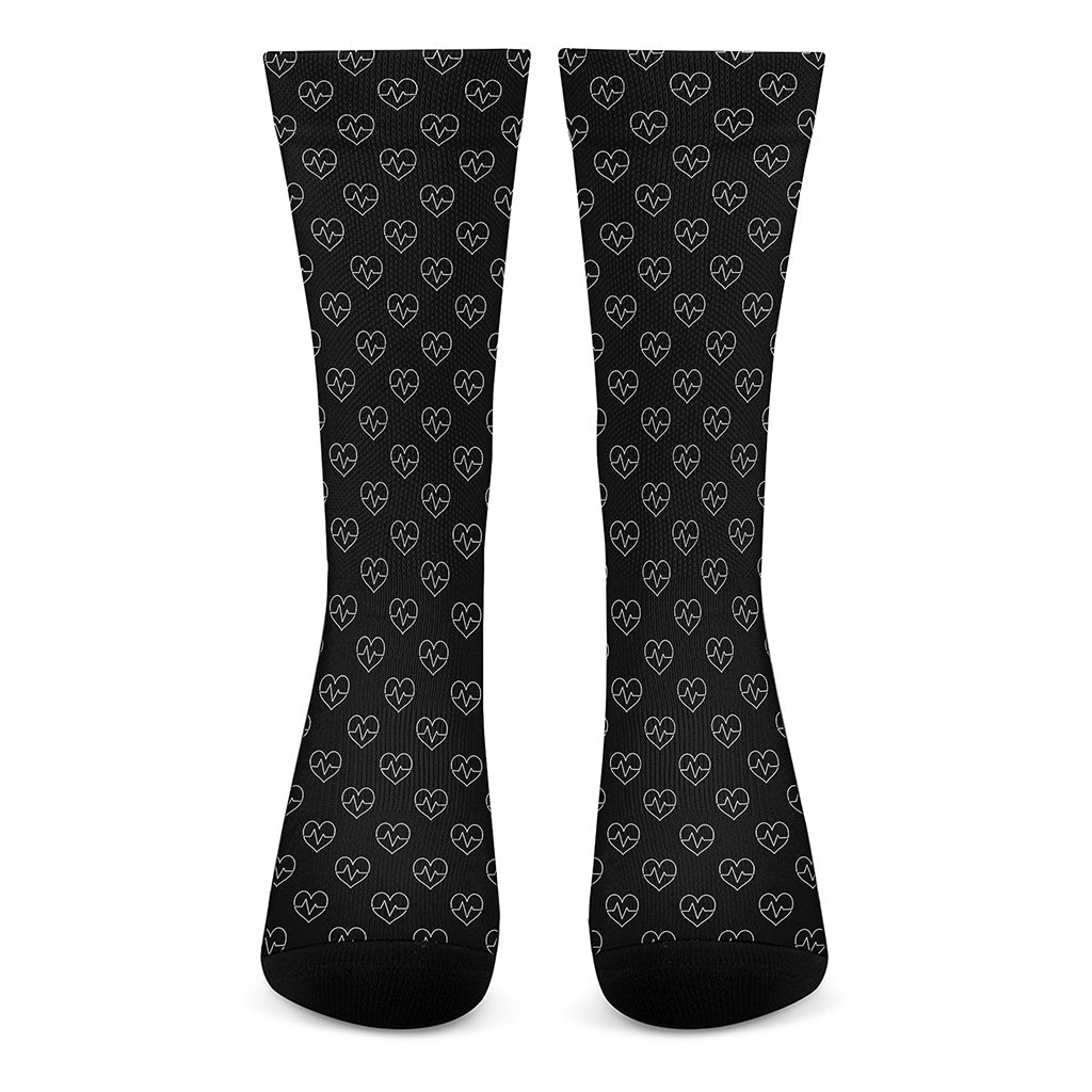 Black And White Heartbeat Pattern Print Crew Socks