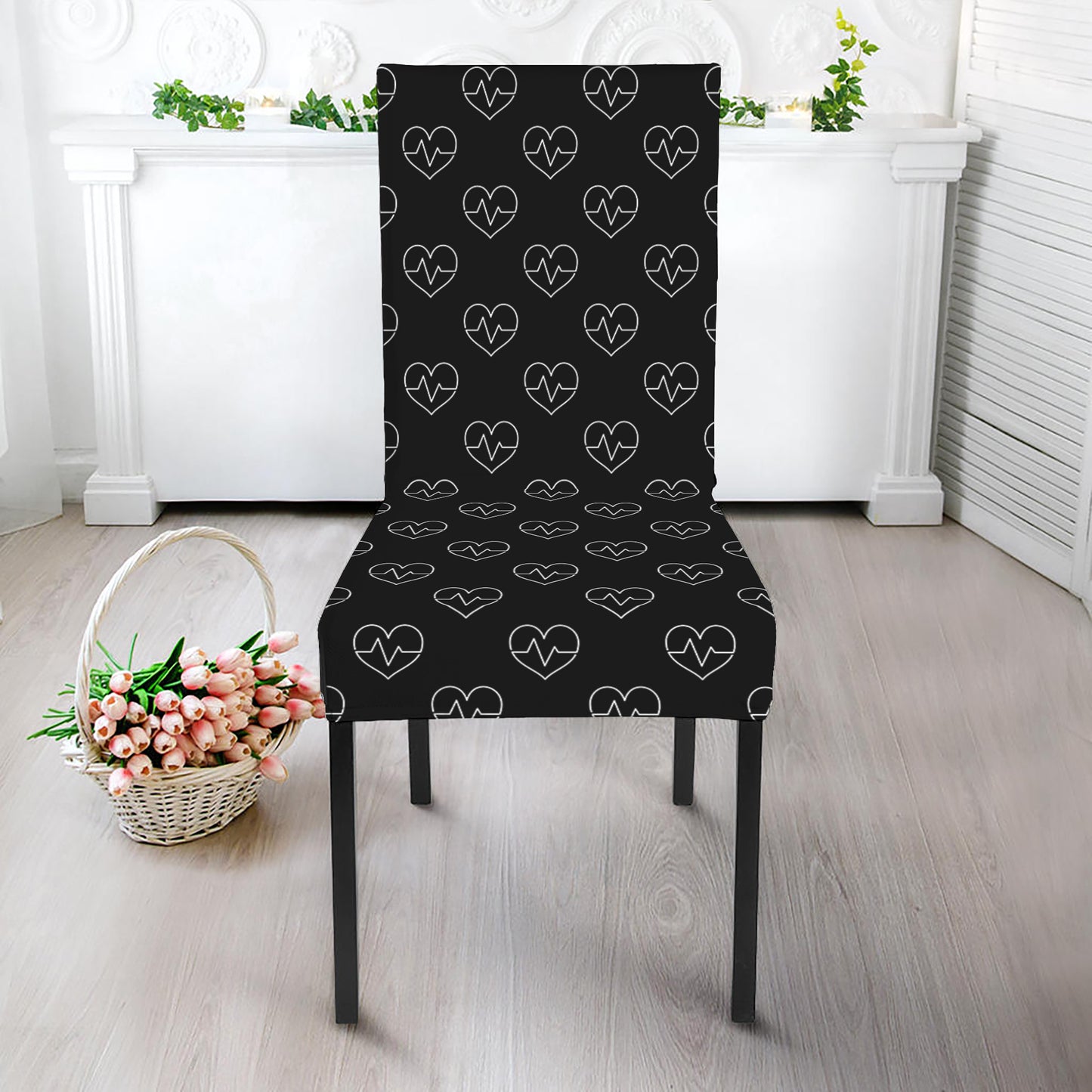 Black And White Heartbeat Pattern Print Dining Chair Slipcover