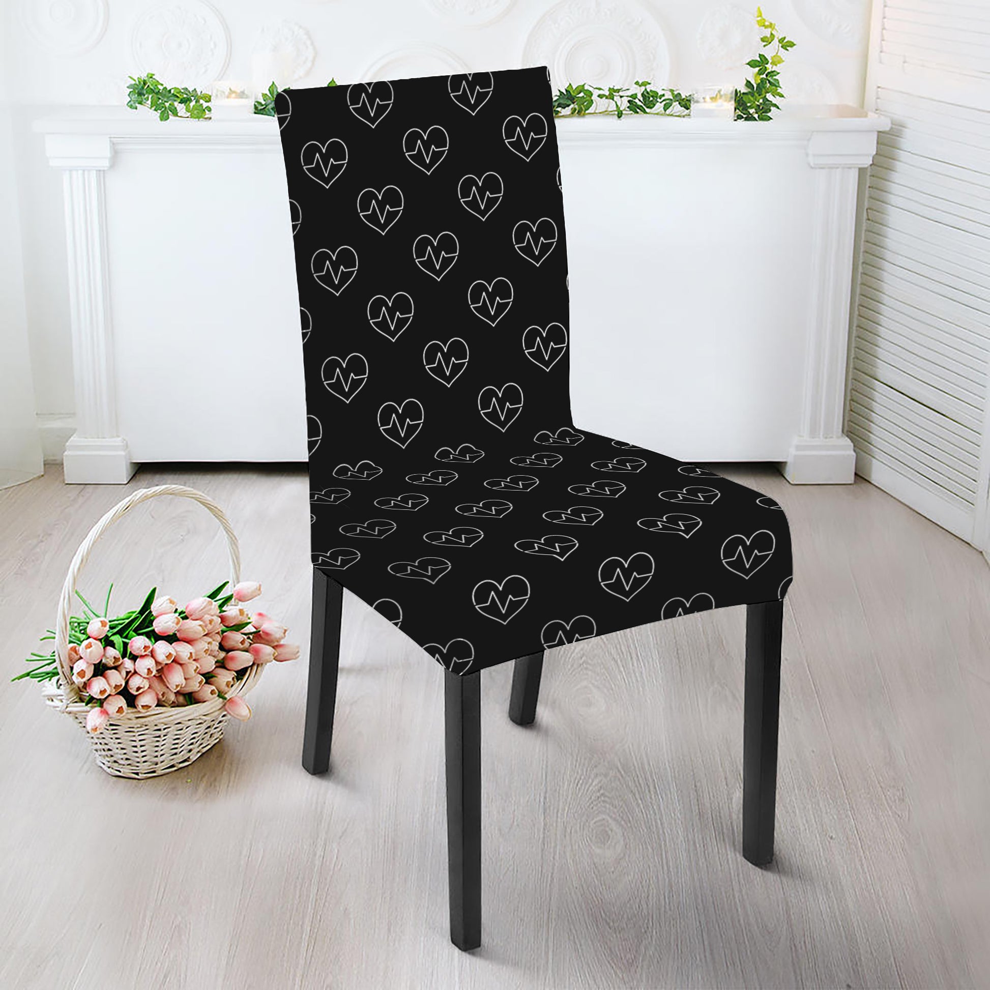 Black And White Heartbeat Pattern Print Dining Chair Slipcover