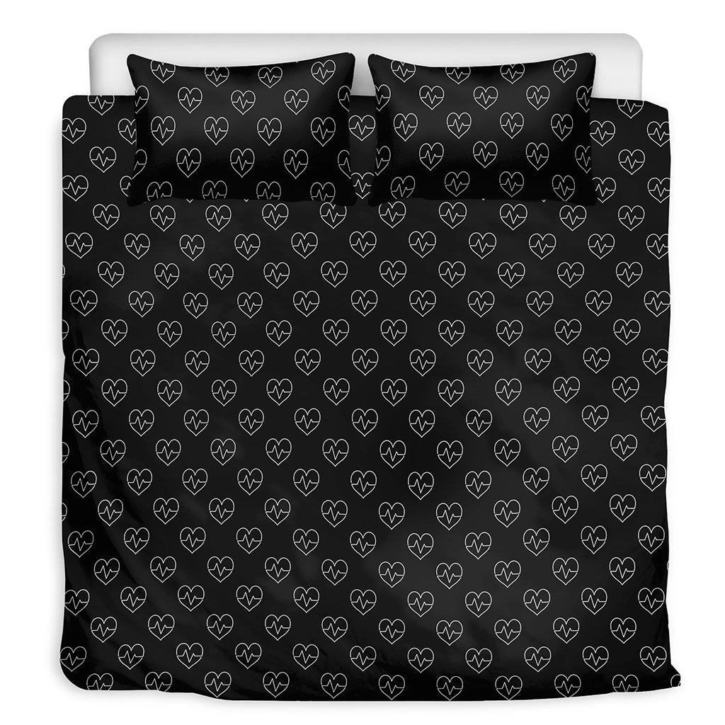 Black And White Heartbeat Pattern Print Duvet Cover Bedding Set