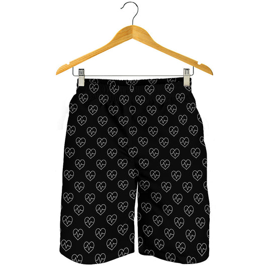 Black And White Heartbeat Pattern Print Men's Shorts