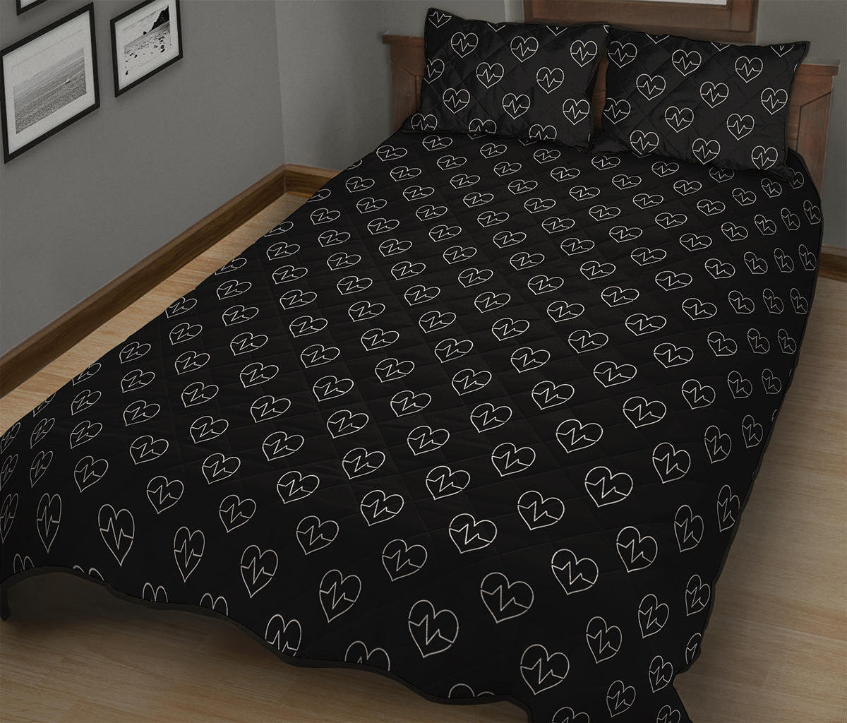 Black And White Heartbeat Pattern Print Quilt Bed Set
