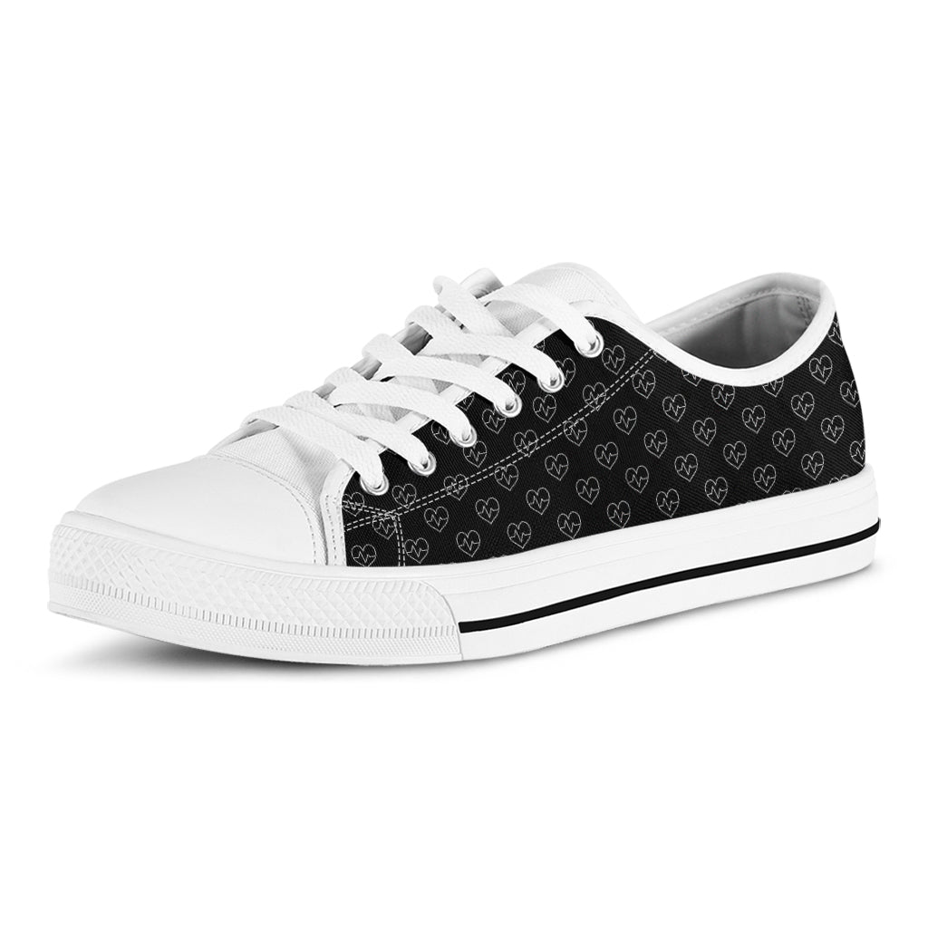 Black And White Heartbeat Pattern Print White Low Top Shoes