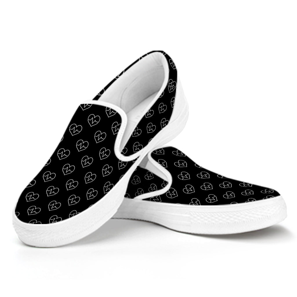 Black And White Heartbeat Pattern Print White Slip On Shoes
