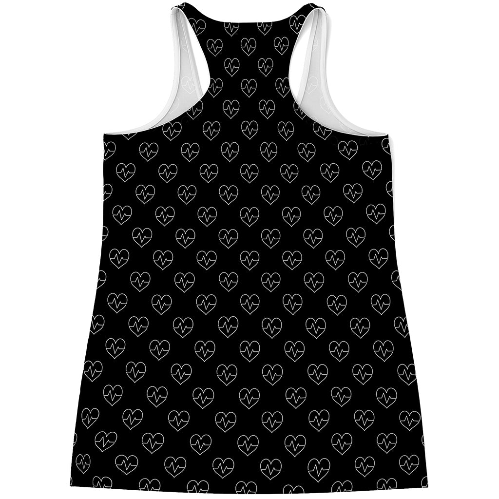 Black And White Heartbeat Pattern Print Women's Racerback Tank Top