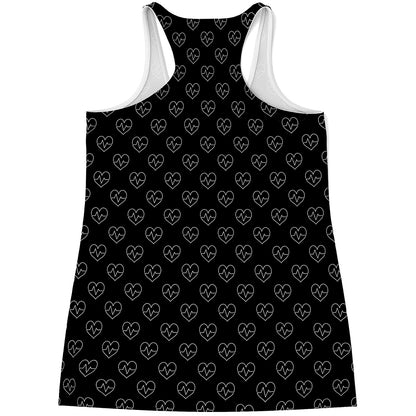 Black And White Heartbeat Pattern Print Women's Racerback Tank Top