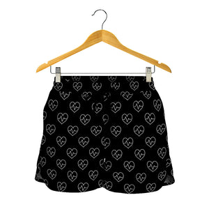 Black And White Heartbeat Pattern Print Women's Shorts