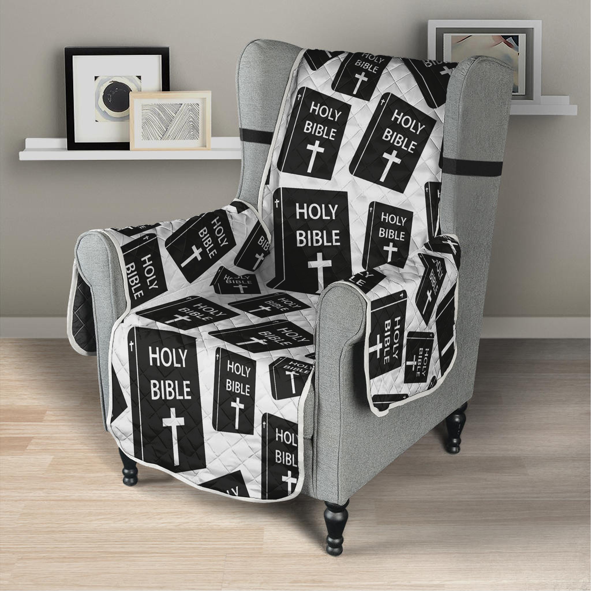 Black And White Holy Bible Pattern Print Armchair Protector