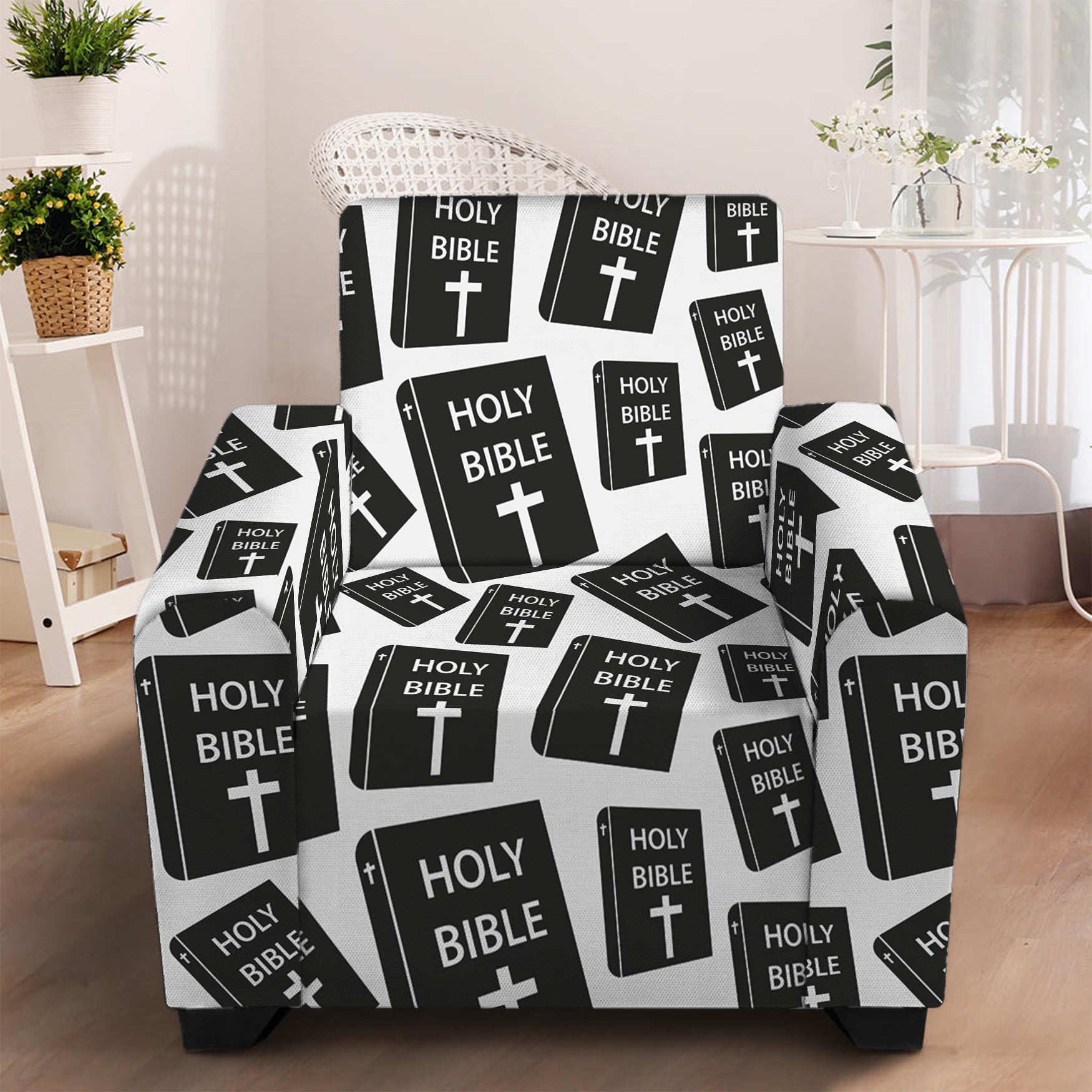 Black And White Holy Bible Pattern Print Armchair Slipcover