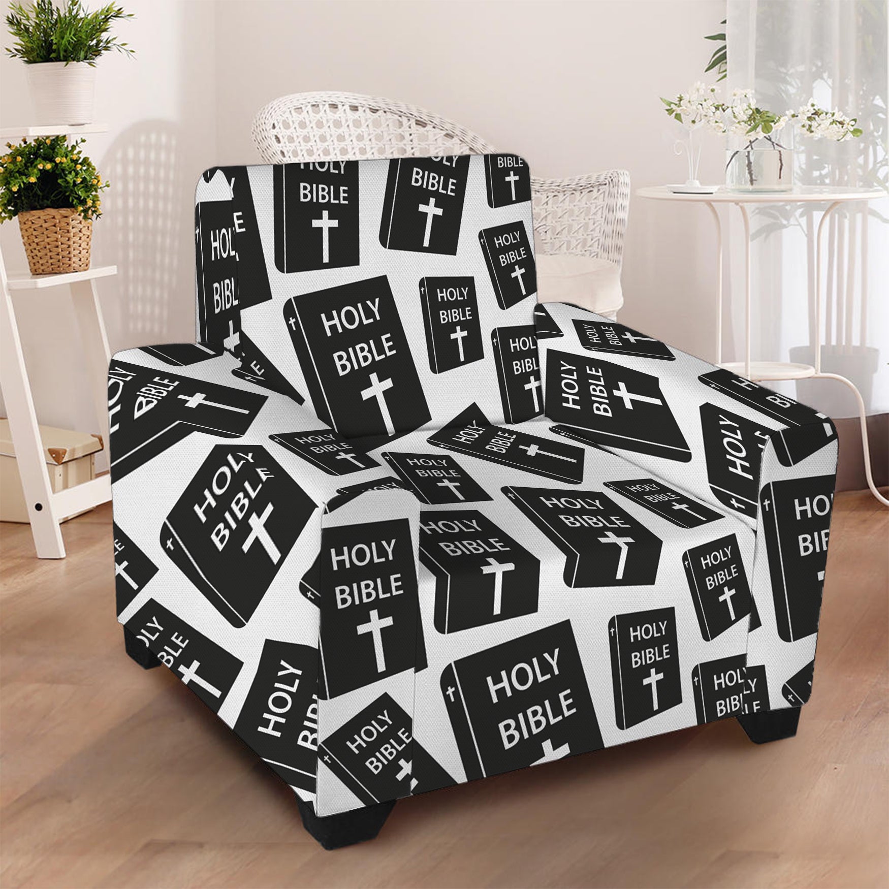 Black And White Holy Bible Pattern Print Armchair Slipcover