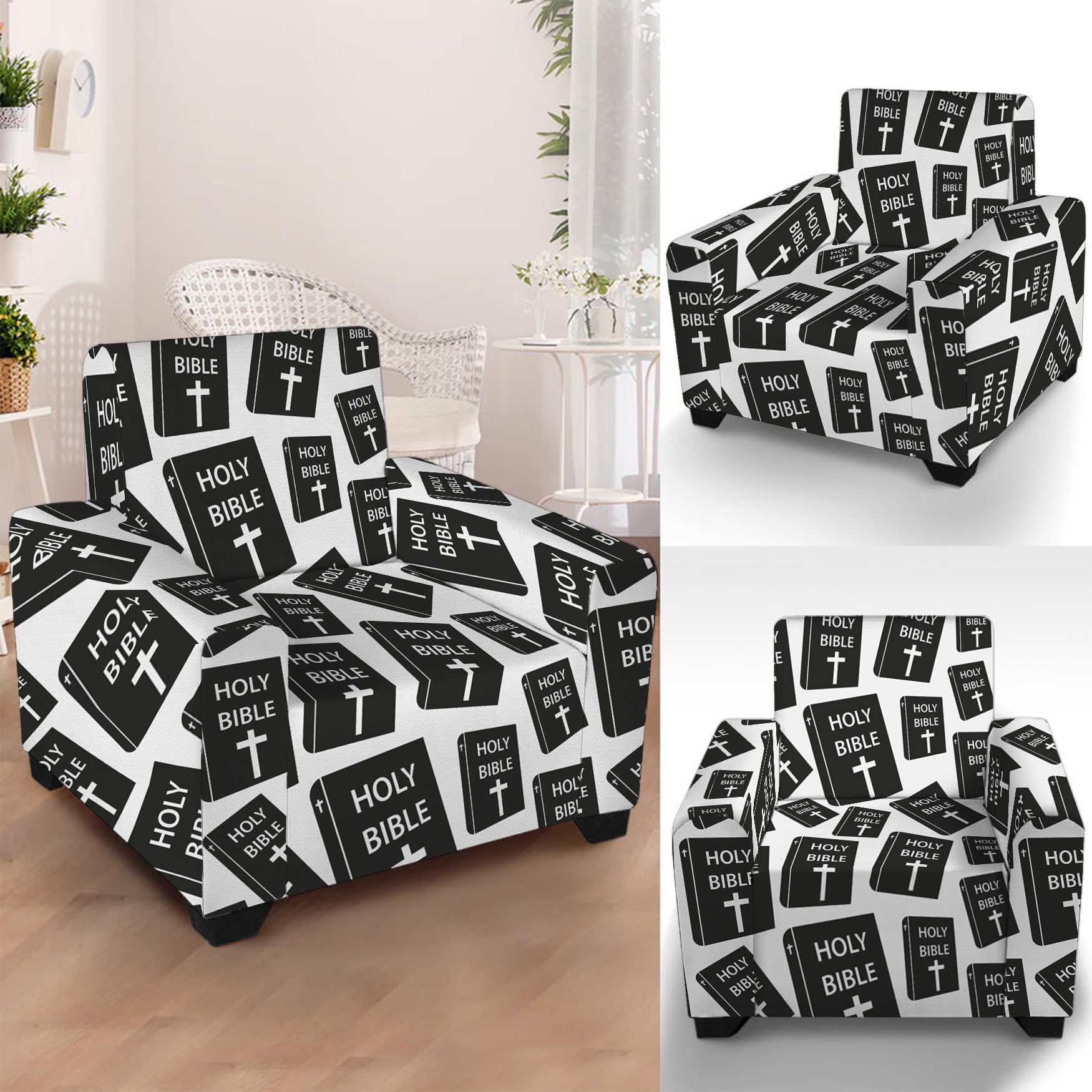 Black And White Holy Bible Pattern Print Armchair Slipcover