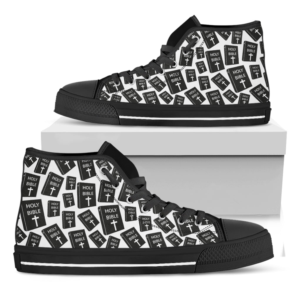 Black And White Holy Bible Pattern Print Black High Top Shoes