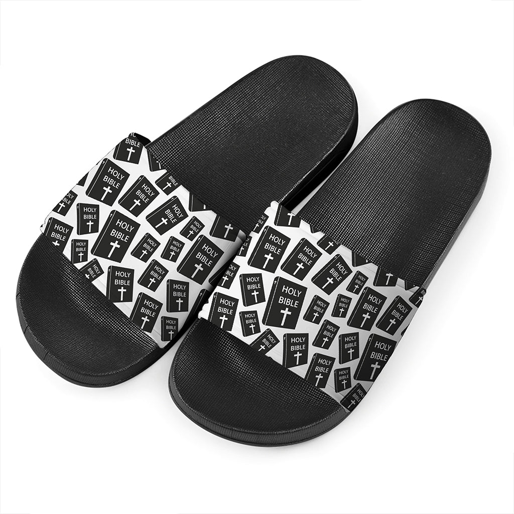 Black And White Holy Bible Pattern Print Black Slide Sandals