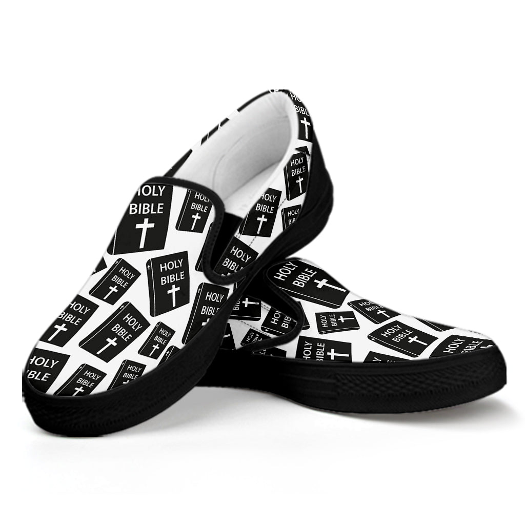 Black And White Holy Bible Pattern Print Black Slip On Shoes