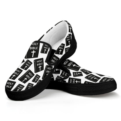 Black And White Holy Bible Pattern Print Black Slip On Shoes