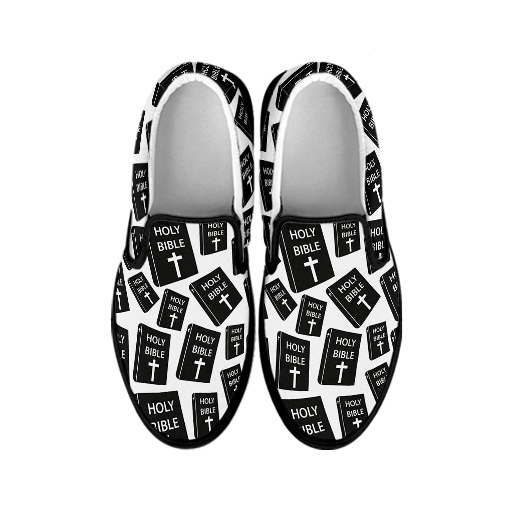 Black And White Holy Bible Pattern Print Black Slip On Shoes