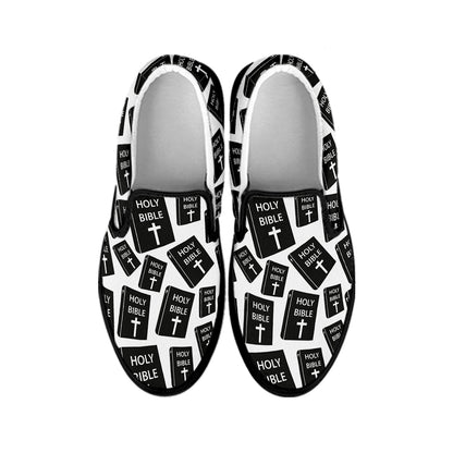 Black And White Holy Bible Pattern Print Black Slip On Shoes
