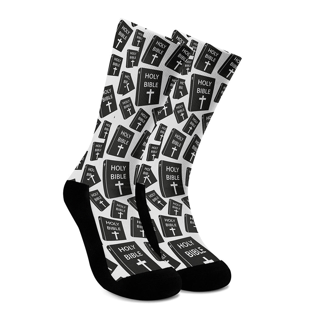 Black And White Holy Bible Pattern Print Crew Socks