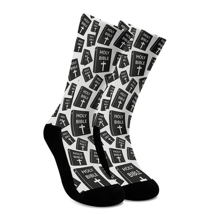 Black And White Holy Bible Pattern Print Crew Socks