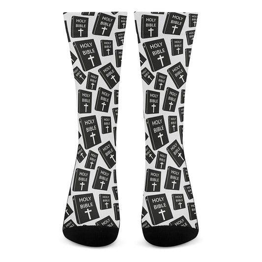 Black And White Holy Bible Pattern Print Crew Socks